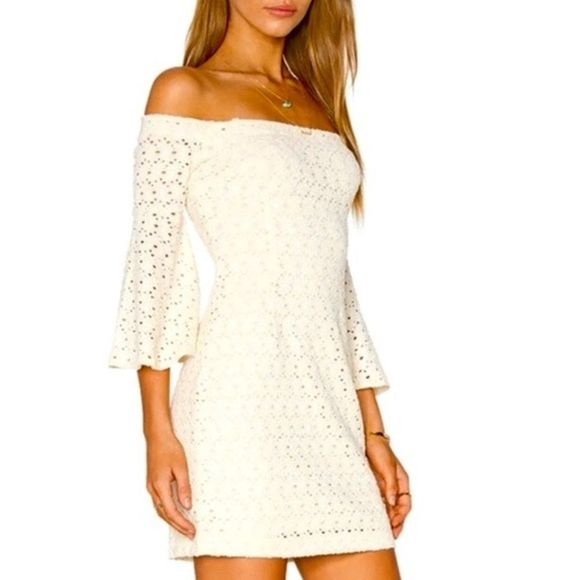 Free People Dresses & Skirts - NWT Free People Sophia Eyelet Lace Dress Bell Sleeves Off The Shoulder Cream Sm